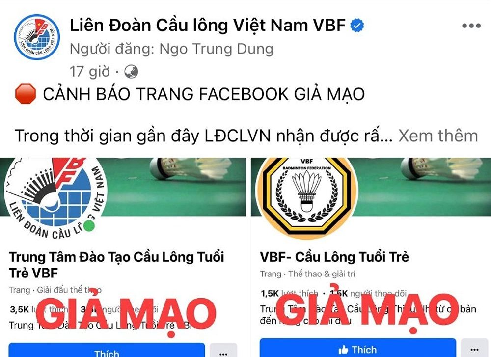 Liên đoàn Cầu lông Việt Nam cảnh báo về tình trạng giả mạo trang fanpage